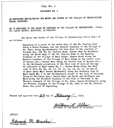 2nd Ordinance of Breckenridge Hills - establishing borders.