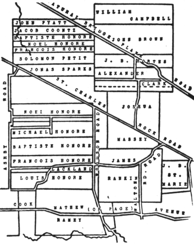 Map of the original Spanish and American landgrants which comprises part of present-day Breckenridge Hills (reprinted through the courtesy of Robert Parkins).